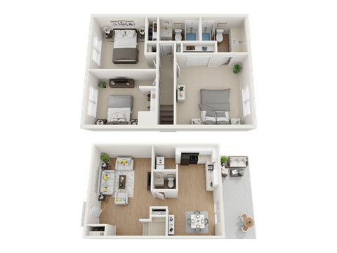 A top-down view of a two-bedroom apartment with a living room and kitchen area.